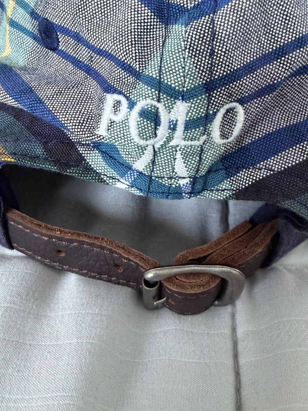 Polo by Ralph Lauren Navy, Green & White Plaid Cap with Brown Leather Strap - Picture 3 of 5